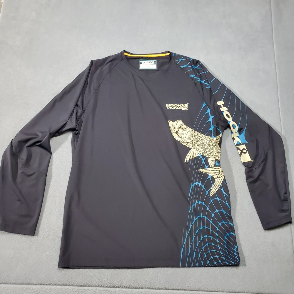 Hook Tackle Shirt Mens Large Black Fishing UPF 50 Sun Protection Long Sleeve